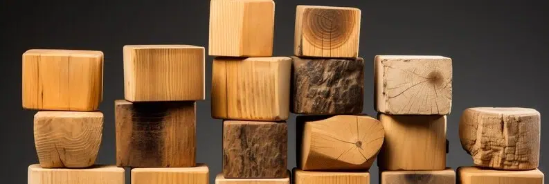 Various types of wood samples arranged neatly, showcasing their unique textures and colors.